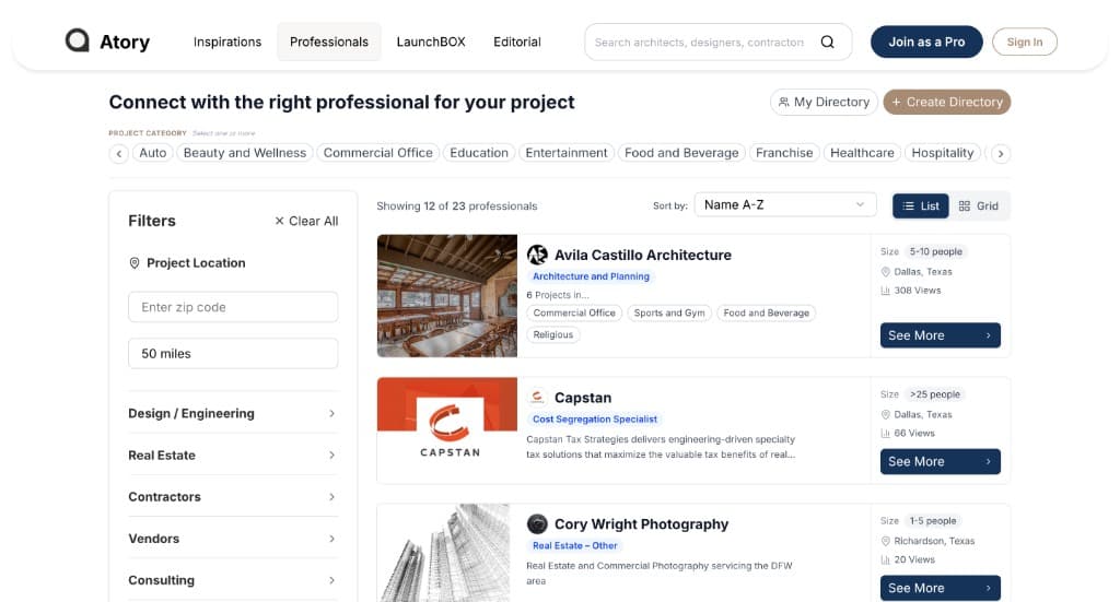 Atory Hub professionals directory with filters and listings