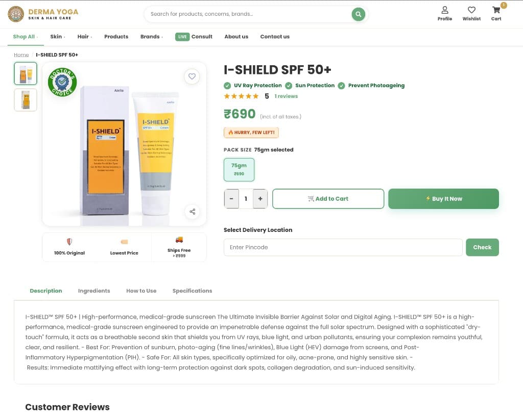DermaYoga product detail page with pack size, delivery check, and buy flow