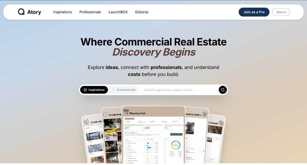 Atory Hub commercial real estate discovery homepage