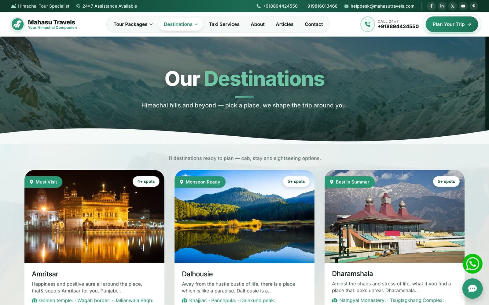 Mahasu Travels destinations page with Amritsar, Dalhousie and Dharamshala destination cards