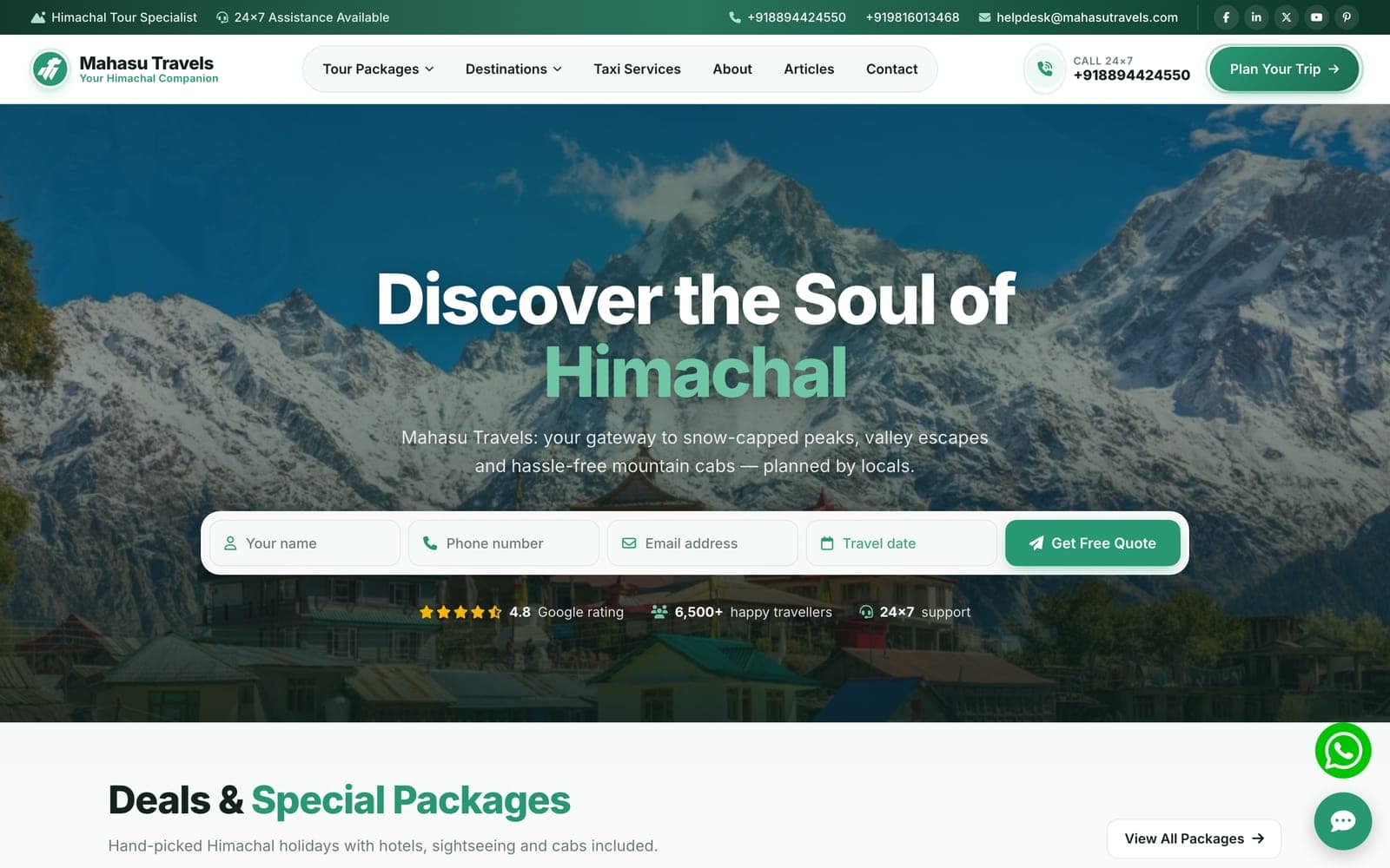 Mahasu Travels home page with a Himachal mountain hero and one-step tour quote form
