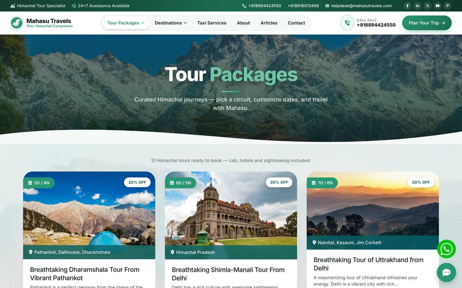 Mahasu Travels tour packages page listing Himachal tour itineraries with duration and discount badges
