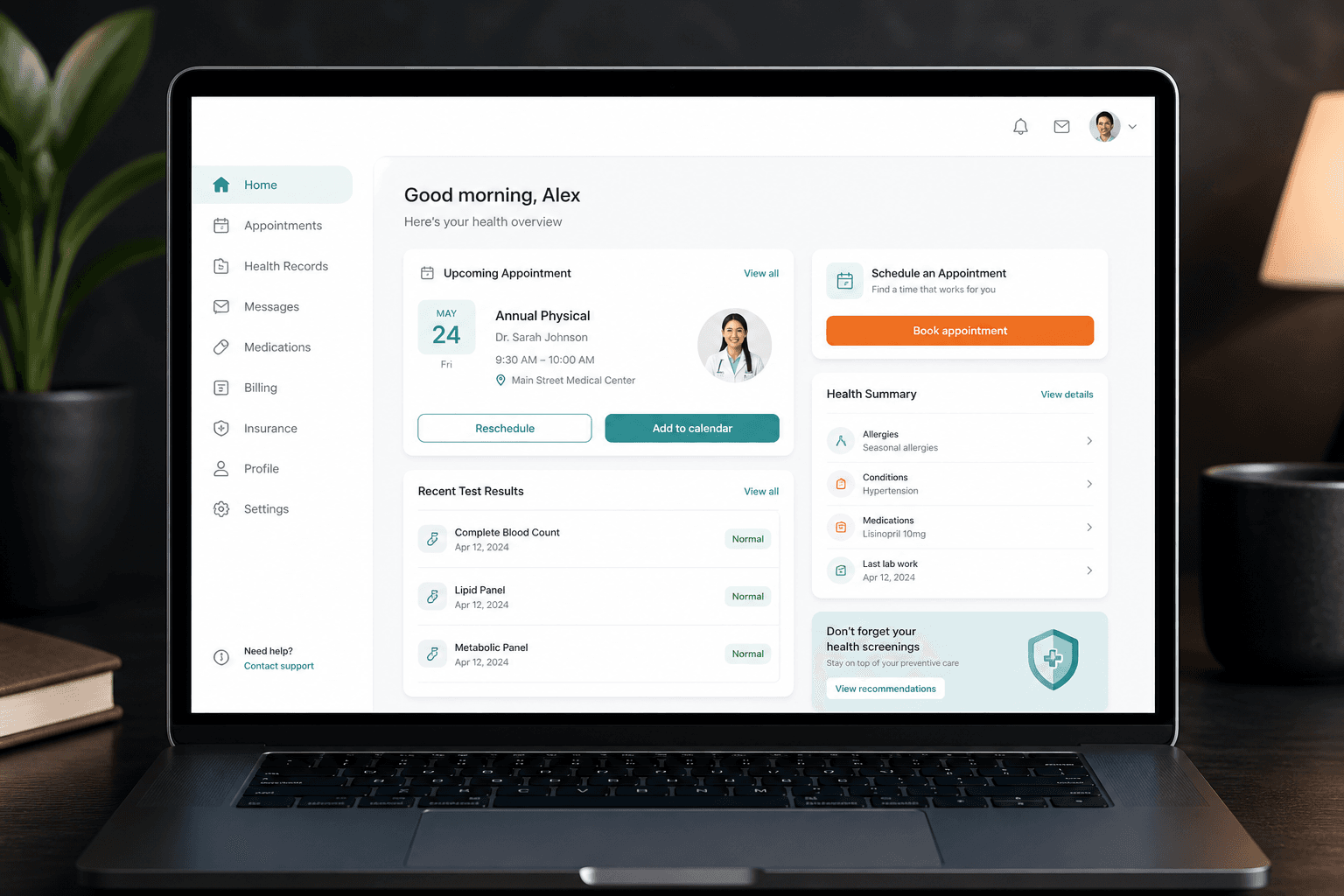 Healthcare patient portal website mockup