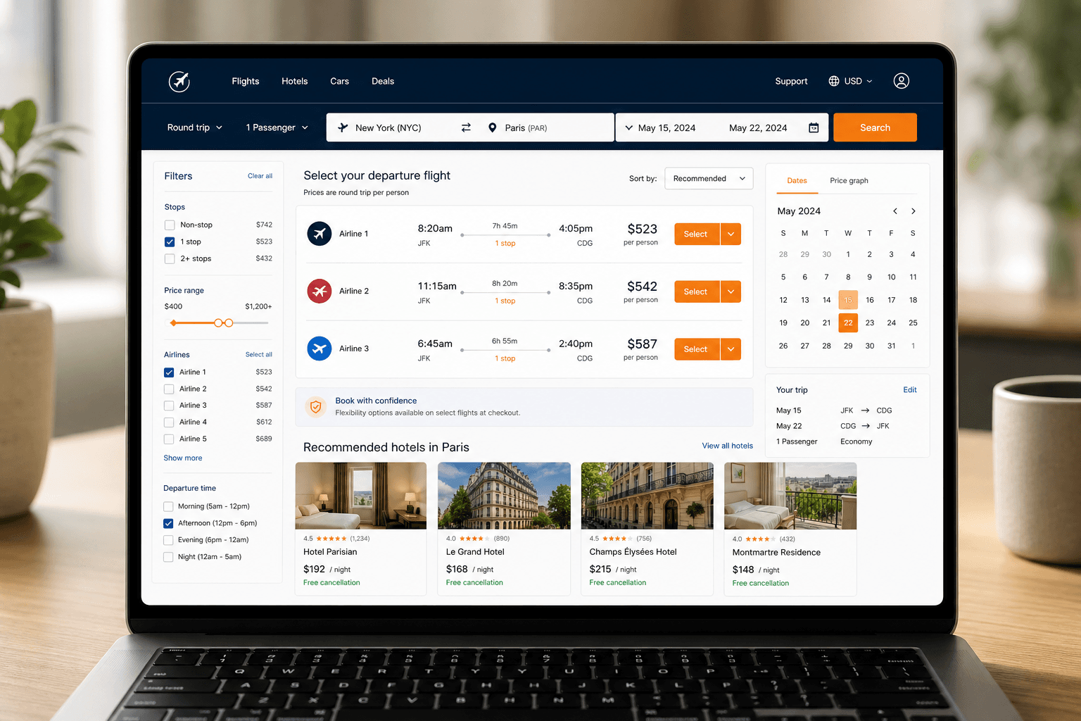 Travel booking engine website mockup